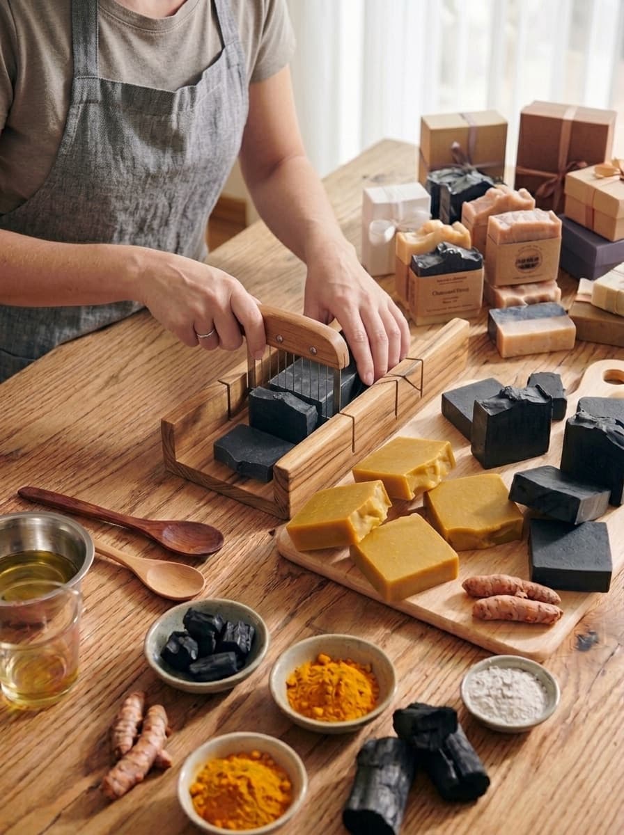 Janice slicing a fresh batch of soap, with finished bars and natural ingredients laid out on the table